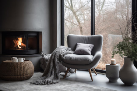 Cozy living room with armchair and fireplace near the window. Scandinavian home interior design. Generative AI illustrationの素材