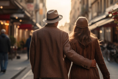 Back view of couple walking on street, enjoying outdoors. Travel and tourism concept. Generative AI illustrationの素材