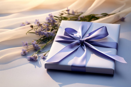 Small gift box with violet ribbon and flowers. Generative AI illustrationの素材