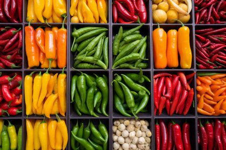 Market stand filled with different hot pepper varieties. Generative AI illustrationの素材