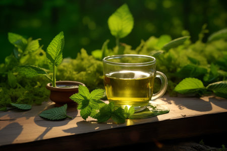 Glass of herbal tea and green leaves placed on table surface. Generative AI illustrationの素材