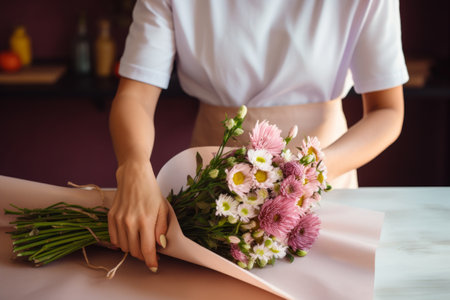 Female florist hands wrapping a fresh bouquet with paper in the flower shop. Generative AI illustrationの素材