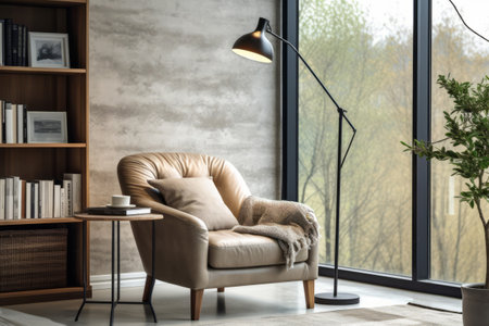 A home office with a comfortable reading chair, bookshelves and a floor lamp. Generative AI illustrationの素材