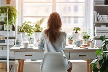 Back view of woman creating vision boards with goals and aspirations. Generative AI illustrationの素材