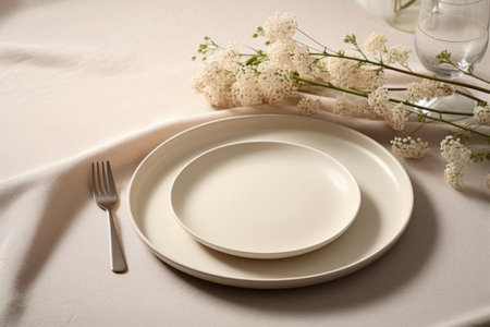 Modern minimal table place setting neutral color. Dishes and utensils for serving and eating meals. Generative AI illustrationの素材
