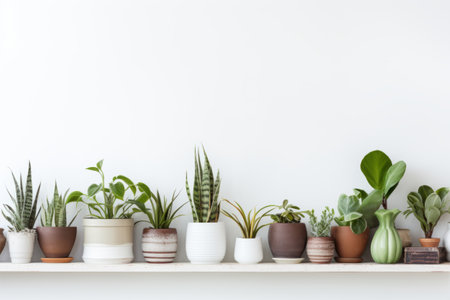 Shelf with group of houseplants on light wall. Minimal composition. Generative AI illustrationの素材