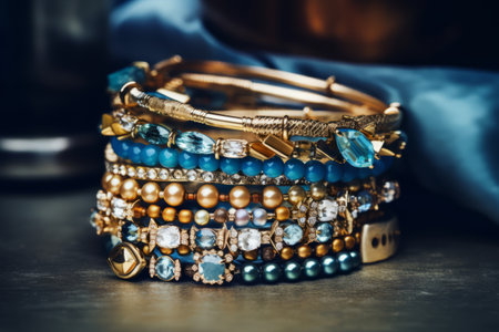 Stack of colorful bracelets adorned with charms. Generative AI illustrationの素材