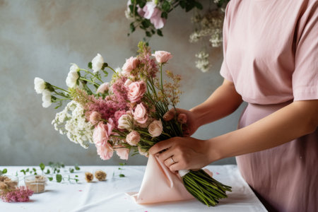 Female florist hands wrapping a fresh bouquet with paper in the flower shop. Generative AI illustrationの素材