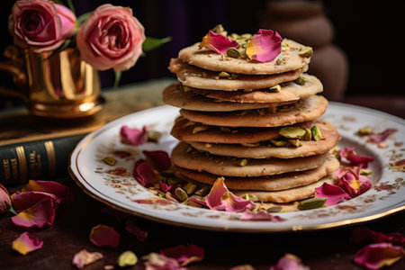 Stack of cookies on a floral plate with scattered rose petals and cardamom. Generative AI illustrationの素材