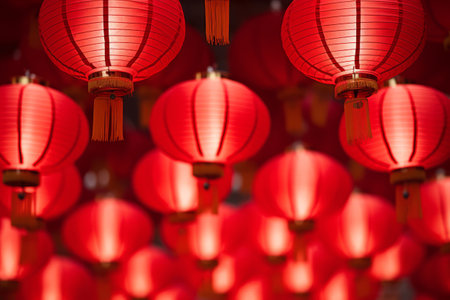 Rows of vibrant red lantern decoration for Chinese new year festival. Generative AI illustrationの素材