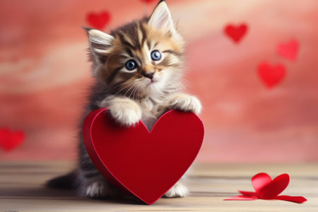 Little adorable cat and a heart shaped gift box. Generative AI illustrationの素材