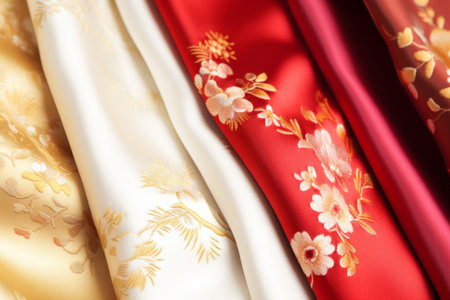 Draped silk with chinese patterns. Fabric with asian pattern. Generative AI illustrationの素材