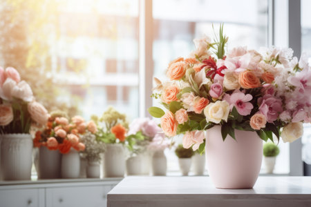 A stylish floral arrangement in the flowershop. Generative AI illustrationの素材