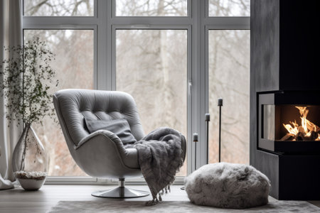 Cozy living room with armchair and fireplace near the window. Scandinavian home interior design. Generative AI illustrationの素材