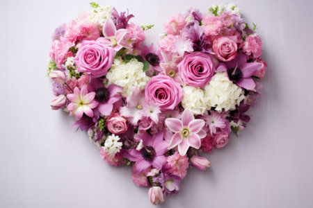 Flowers arrangement in the shape of a heart. Valentine's Day composition. Generative AI illustrationの素材
