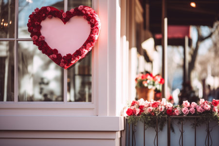 Florist shop exterior is decorated with flowers. Blooming flowers in tender pink colors standing in vases. Generative AI illustrationの素材