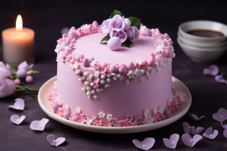 Valentine's Day cake decorated with flowers. Romantic love concept. Generative AI illustrationの素材