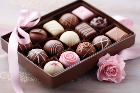 Box of artisan chocolates. Luxury handmade chocolates and a praline. Generative AI illustrationの素材