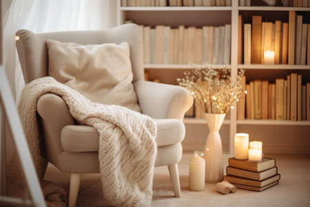 Reading corner with a comfortable chair and a stack of books. Cozy hygge interior. Generative AI illustrationの素材