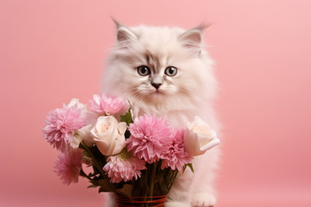 Cat giving a bouquet of flowers. Cat is holding flowers in the paws on pink background. Generative AI illustrationの素材