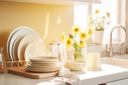 Clean dishes and utensils on kitchen counter. Set of clean tableware. Generative AI illustrationの素材