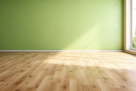 Living room with sunlight shine through a sliding door, wooden floor, green wall. Generative AI illustrationの素材