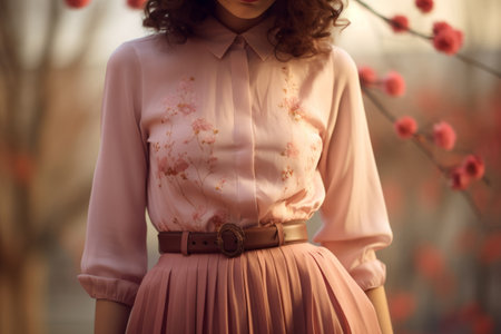 Woman in high waisted skirt with a silk blouse. Generative AI illustrationの素材