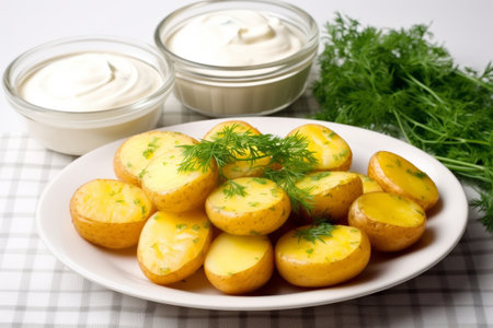 Boiled potatoes with sauce. Plate of tasty potatoes on sunny light background. Generative AI illustrationの素材