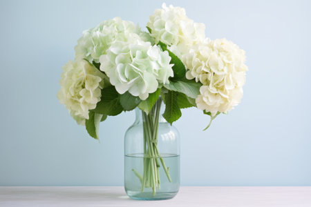 Beautiful summer bouquet of white hydrangeas in a vase. Generative AI illustrationの素材