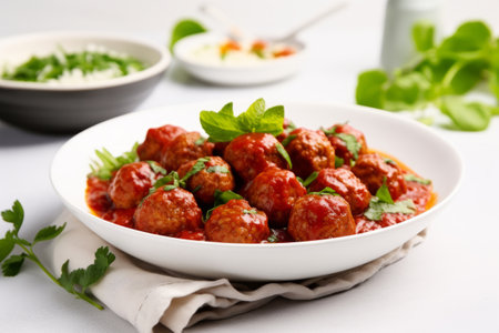 Plate of tasty meatballs with tomato sauce. Generative AI illustrationの素材