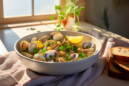 Clam stew on a plate. Steamed shellfish clams with garlic and herbs. Generative AI illustrationの素材