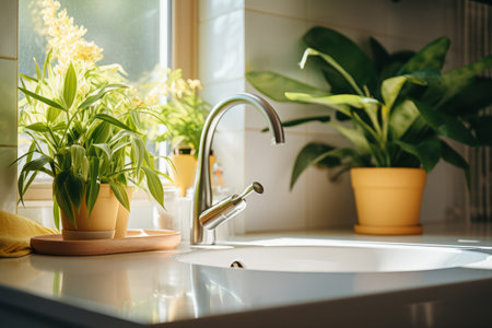 Sunlight shines on the sink from outside the window. Kitchen with a pot of green plants. Generative AI illustrationの素材