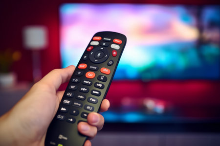 Hands hold television remote controller on the blurred TV background. Generative AI illustrationの素材