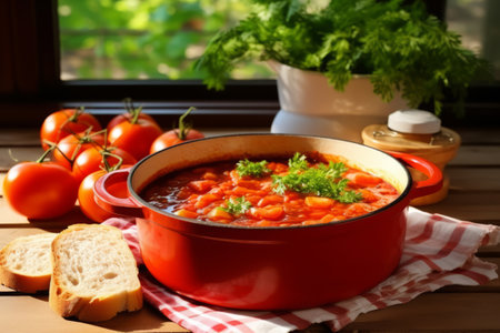 Classic homemade tomato sauce with basil in the saucepan. Generative AI illustrationの素材