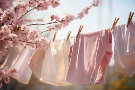 Laundered clothes hanging on a line in front of spring background. Generative AI illustrationの素材