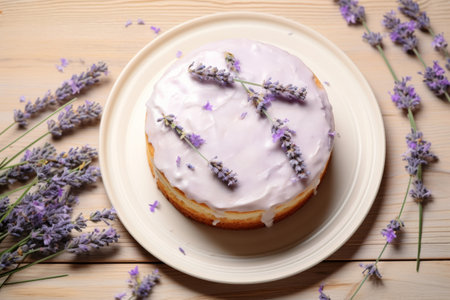 Sponge lavender cream cake with berry cream adorned with a fresh lavender branch on sunny light background. Generative AI illustrationの素材