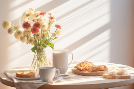 Healthy breakfast set on sunny background. The concept of delicious and healthy food. Generative AI illustrationの素材