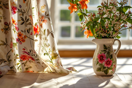 Floral patterned curtain and vase. Flowers in vase with light from window. Generative AI illustrationの素材
