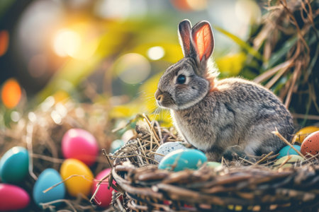 Easter bunny with a basket of eggs. Happy Easter concept. Generative AI illustrationの素材