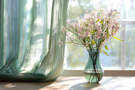 Pastel colored curtain and vase with spring flowers on sunny background. Generative AI illustrationの素材
