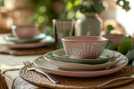 Home spring decor. Set of pink and green patterned tableware. Generative AI illustrationの素材