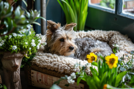 Interior of light living room with plants and cozy pet bed. Cute dog lying in pet bed. Generative AI illustrationの素材