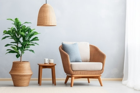 Rattan armchair and floor lamp in living room interior with plants. Generative AI illustrationの素材