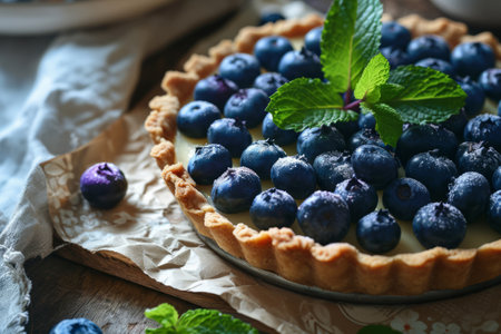 Homemade delicious blueberry pie. Summer blueberry tart with fresh berries. Generative AI illustrationの素材