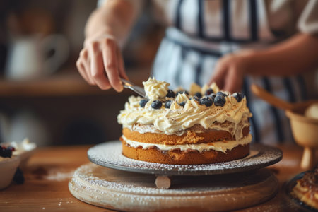 Woman decorating delicious cake with fresh cream. Homemade pastry. Generative AI illustrationの素材