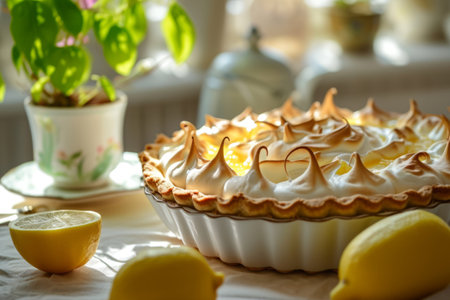 Lemon meringue pie on plate with fresh lemons on background. Generative AI illustrationの素材