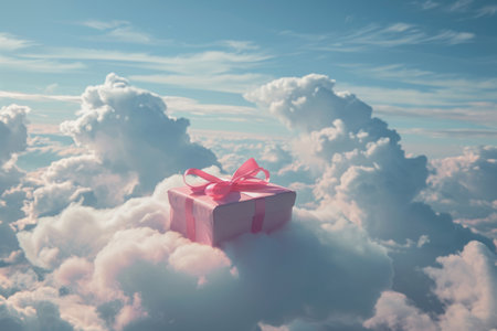 Wrapped gift box on a cloud in the sky. Getting presents. Generative AI illustrationの素材