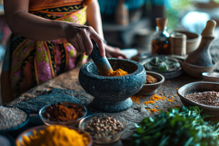 Woman using a mortar and pestle to grind spices. Generative AI illustrationの素材