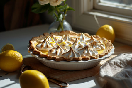 Lemon meringue pie on plate with fresh lemons on background. Generative AI illustrationの素材