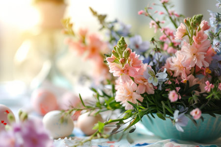 Easter eggs and flowers. Floral composition surrounded by Easter decor. Generative AI illustrationの素材